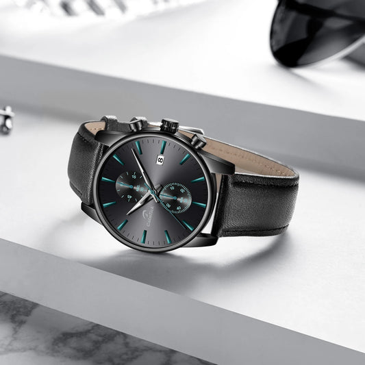 Calmtick Fashion Business Pointer Quartz Watch with Stopwatch Luminous Waterproof Leather Strap