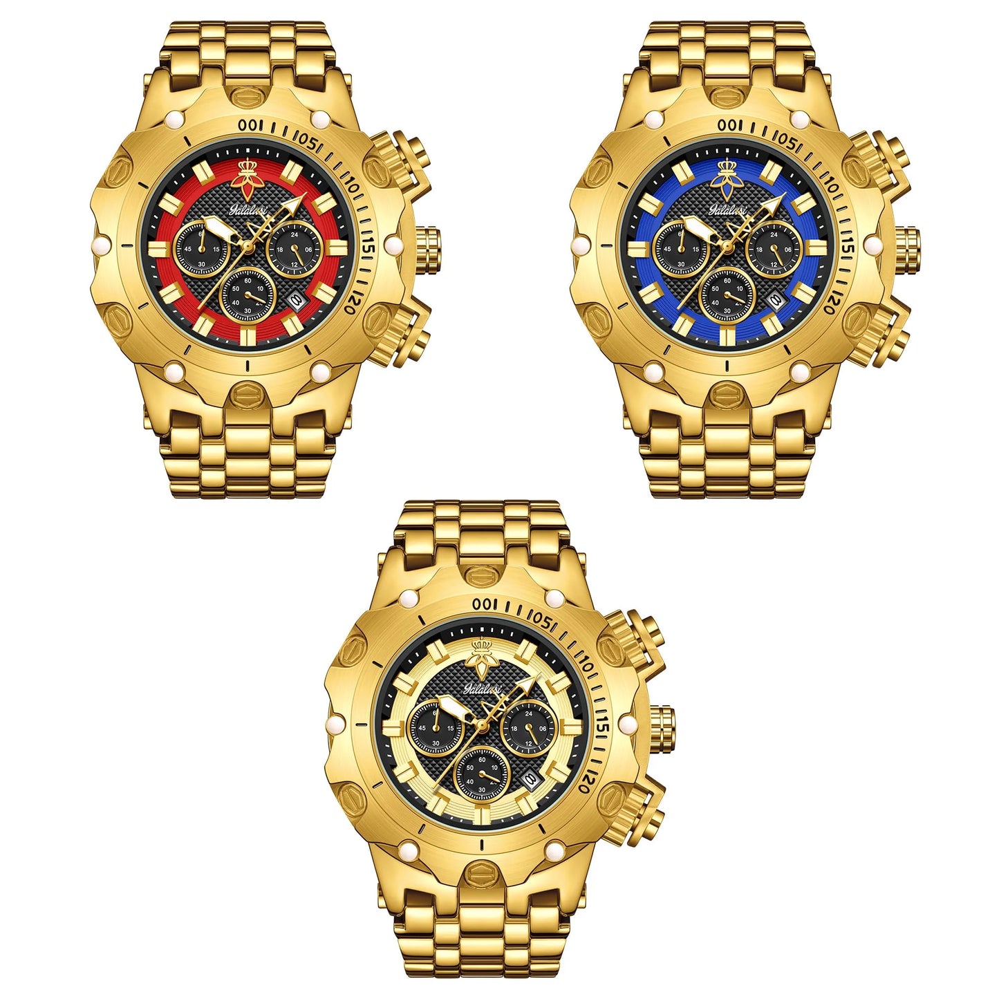 Relógio masculino de luxo multifuncional YaLaLuSi, pulseira dourada com mostrador atmosférico, caixa de presente moderna e prática