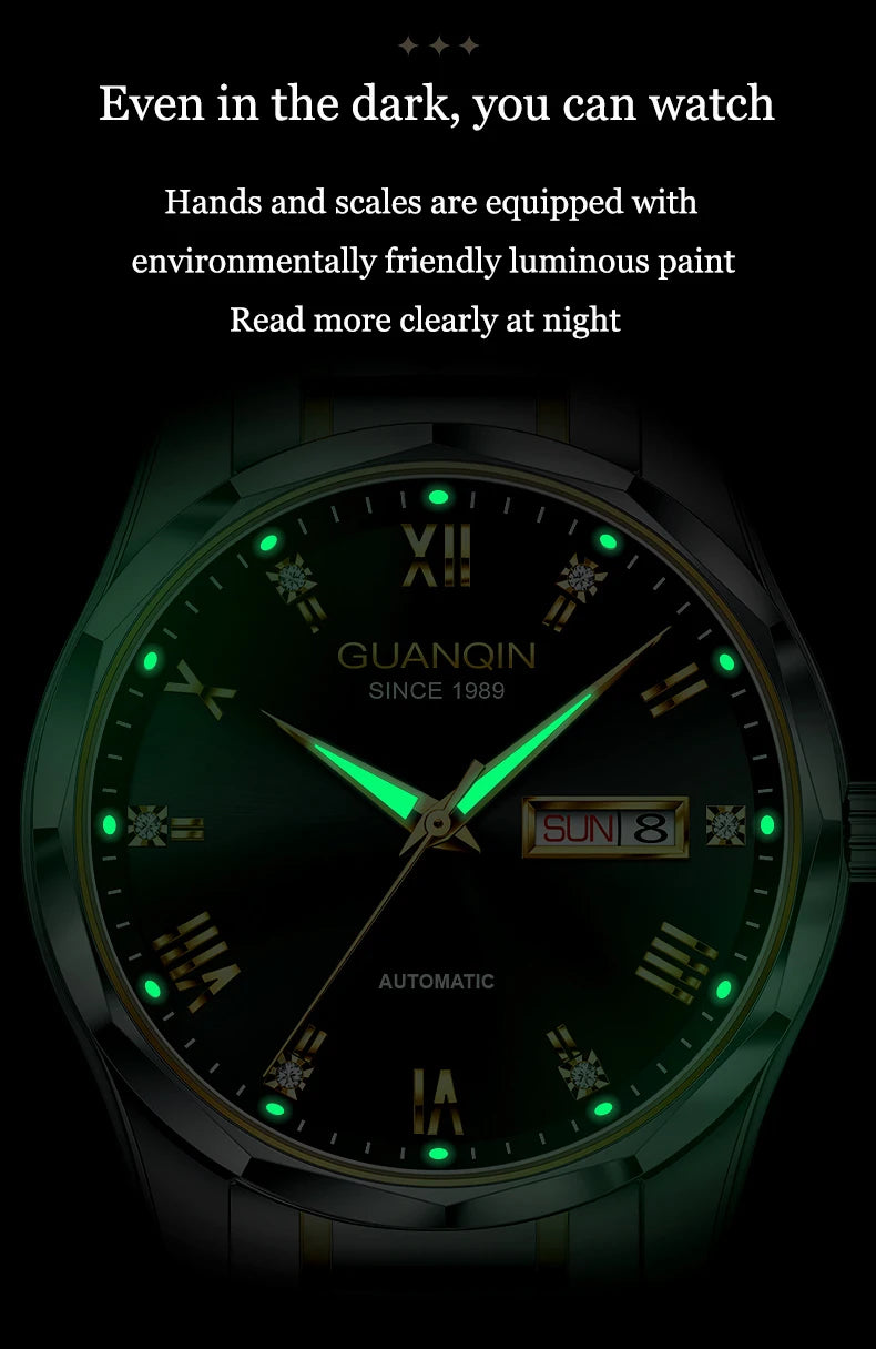 Relógio masculino mecânico luminoso de aço de tungstênio, à prova d'água, moda empresarial, calendário duplo, safira, movimento japonês