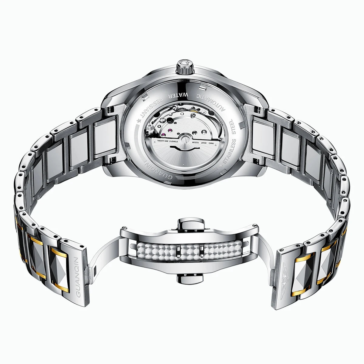 Relógio masculino mecânico luminoso de aço de tungstênio, à prova d'água, moda empresarial, calendário duplo, safira, movimento japonês