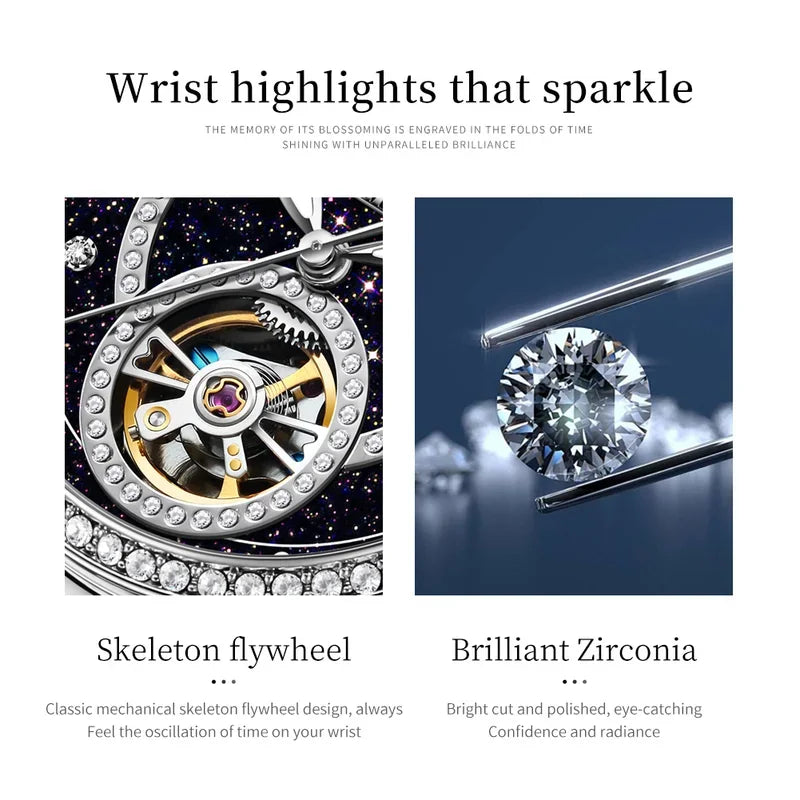 OLEVS Hollow Women's Watch Fully Automatic Mechanical Watch Luxury Diamond Inlaid Starry Sky Elegant Women's Brand Watch  7036