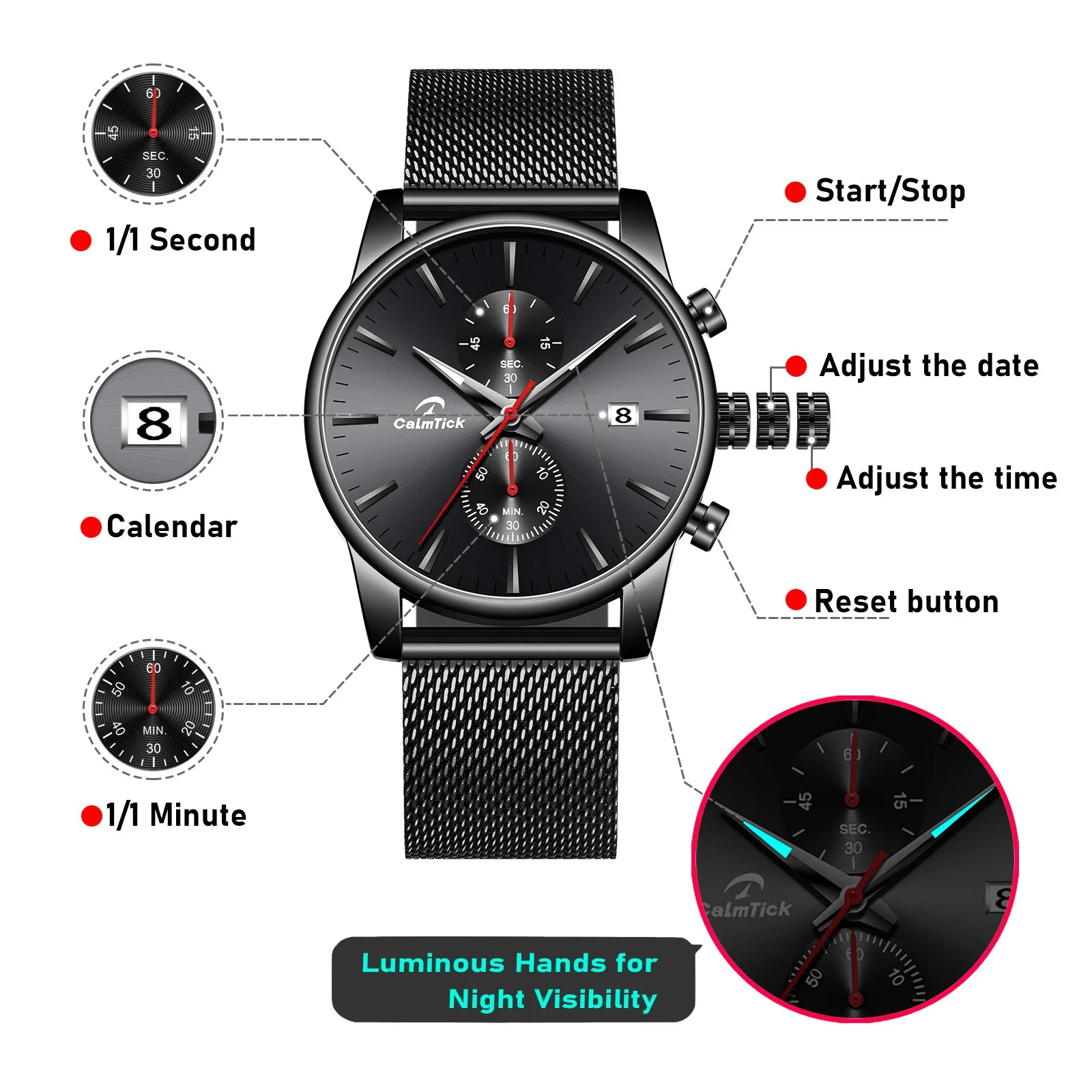 CalmTick Fashion Business Pointer Quartz Watch with Stopwatch Luminous Waterproof Metal Strap