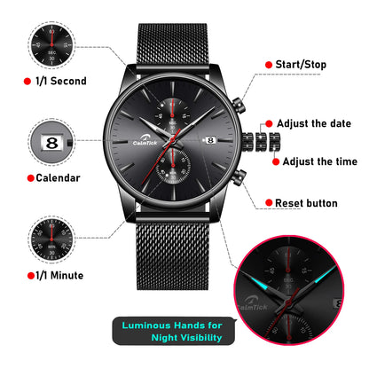 CalmTick Fashion Business Pointer Quartz Watch with Stopwatch Luminous Waterproof Metal Strap