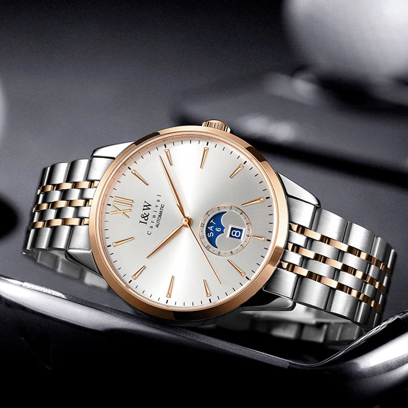 Carnaval high-end série iw marca clássico fase da lua relógios mecânicos masculino safira de aço inoxidável miyota movimento relógios masculinos