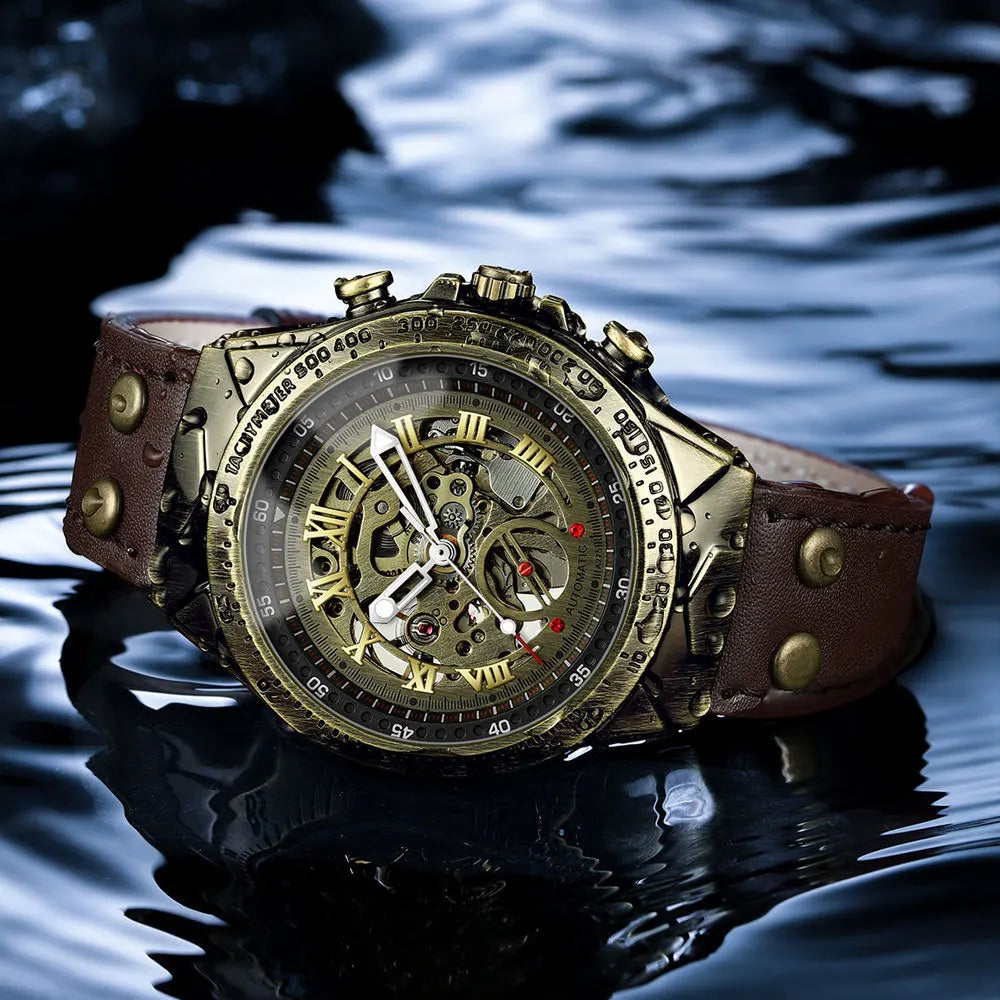 UTHAI Retro Men Watch Business Bronze À Prova D 'Água Máquina Mecânica Automática Relógio Pulseira de Couro Masculino Moda Relógio de Pulso