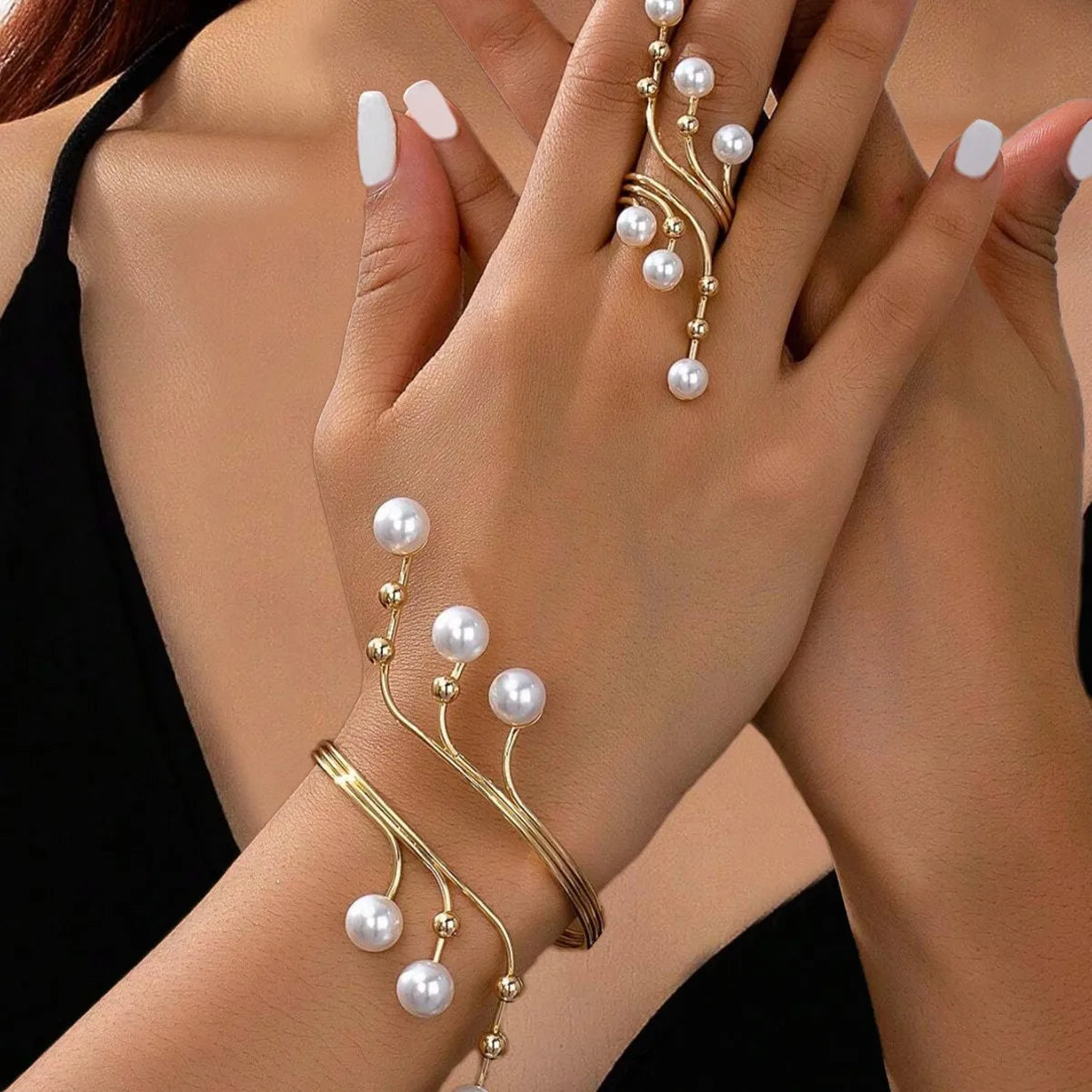 Simples geométrico imitação de pérola enrolamento linha anel pulseira conjunto para mulheres meninas personalidade exagerada moda jóias ds040