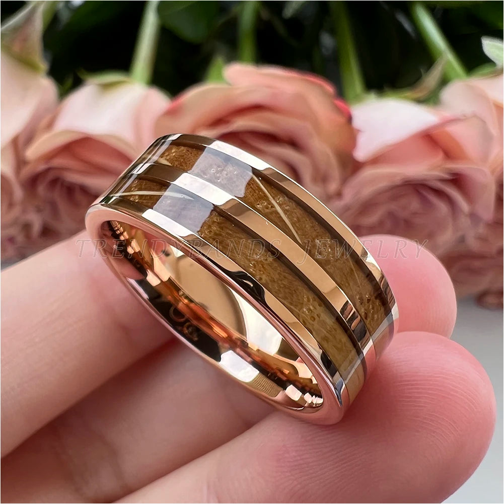 Anel de casamento de tungstênio, 8mm, masculino, feminino, joias da moda para casal, barril de uísque, incrustação de madeira, polido, brilhante, ajuste confortável