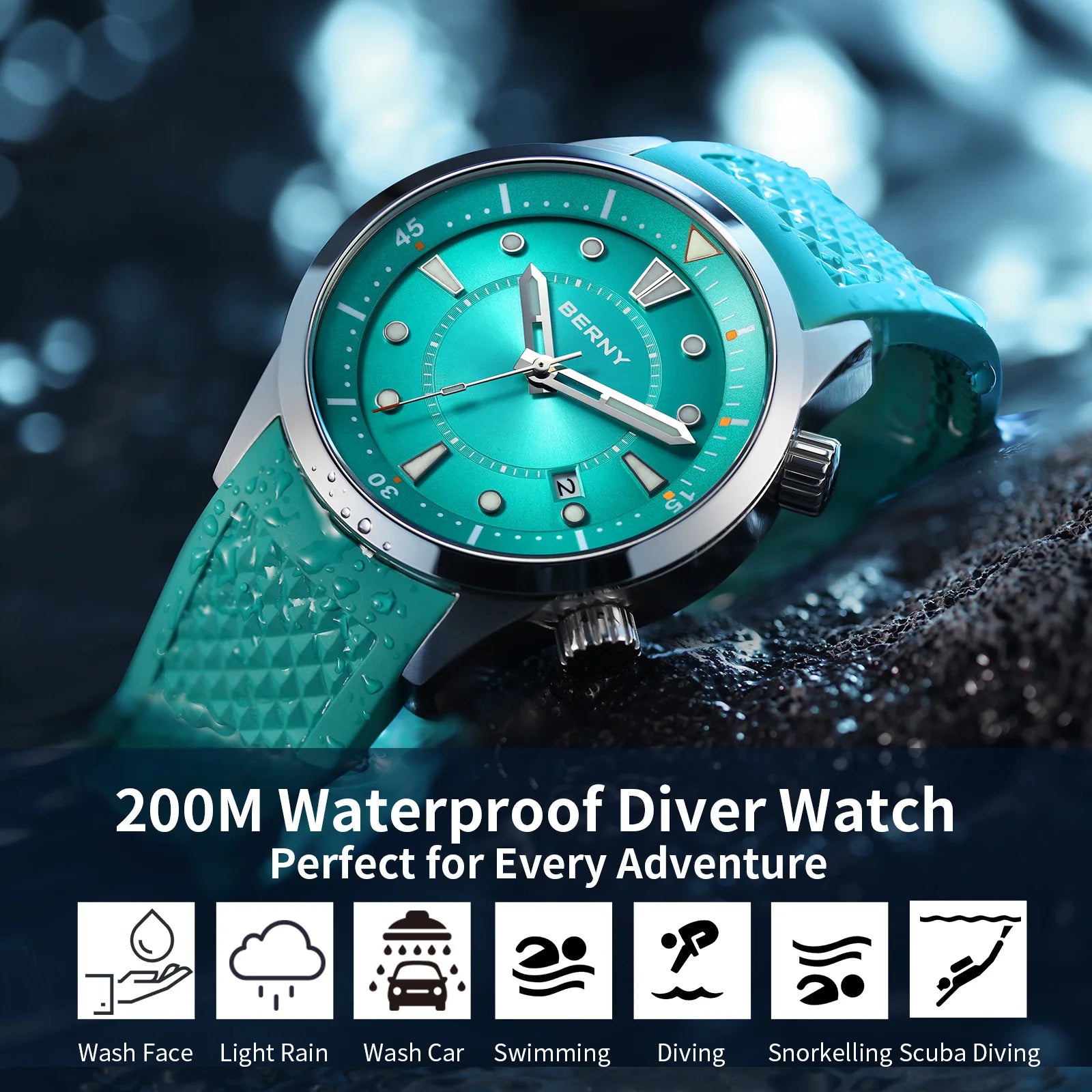 BERNY 20ATM Relógio de mergulho automático para homens AR revestido safira pulseira de silicone relógio de pulso esportivo de alta qualidade relógio de pulso mergulhador masculino