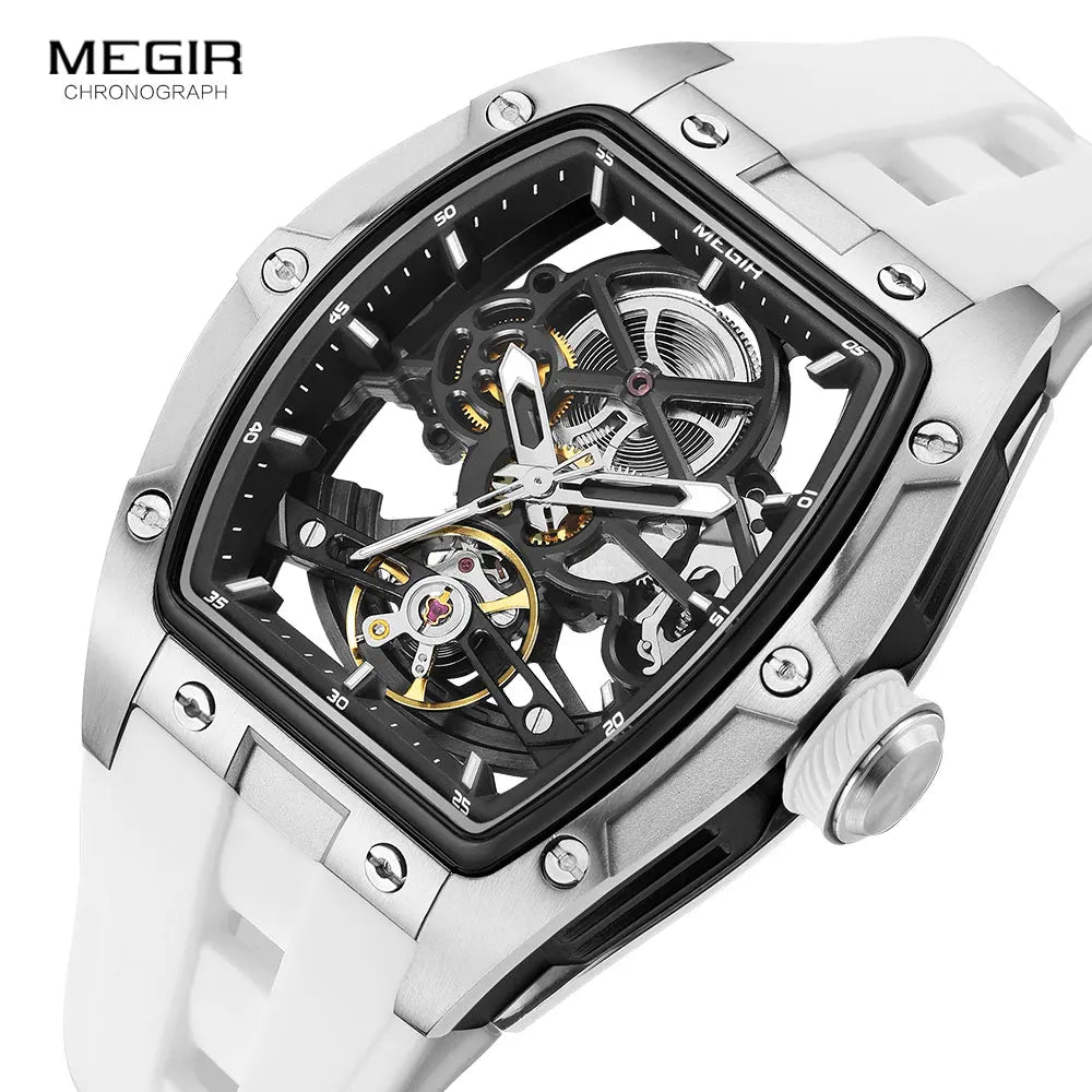 MEGIR Men's Automatic Mechanical Watch with Stainless Steel Case Silicone Band Skeleton Dial Waterproof Sport Wristwatch