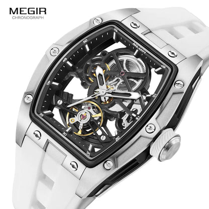MEGIR Men's Automatic Mechanical Watch with Stainless Steel Case Silicone Band Skeleton Dial Waterproof Sport Wristwatch