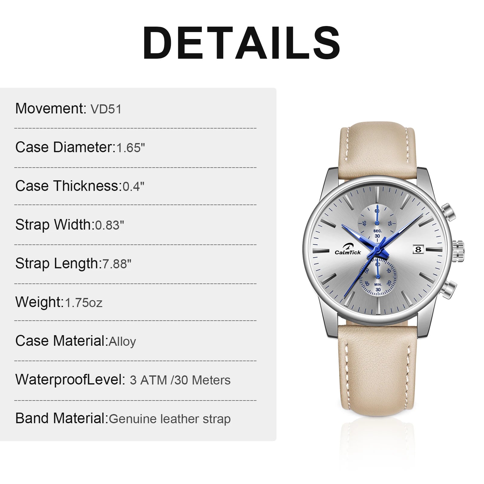 Calmtick Fashion Business Pointer Quartz Watch with Stopwatch Luminous Waterproof Leather Strap