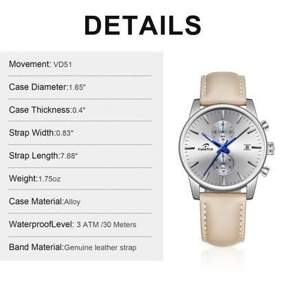 Calmtick Fashion Business Pointer Quartz Watch with Stopwatch Luminous Waterproof Leather Strap