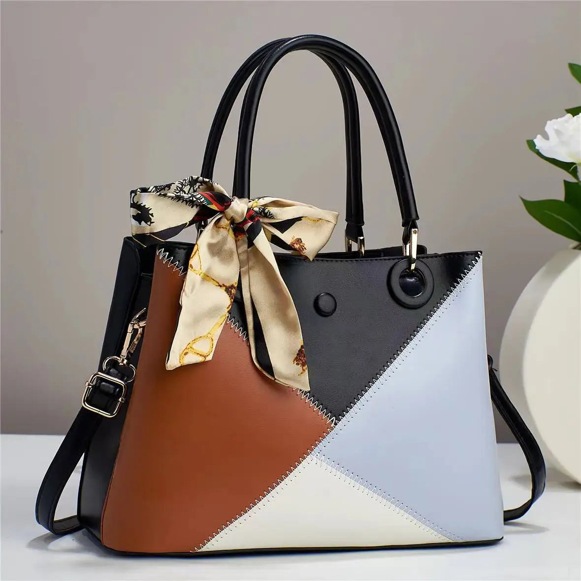 Bolsa tote de retalhos para mulheres, bolsa de couro pu com alça superior, grande capacidade, bolsa de ombro crossbody para lazer, festa, compras