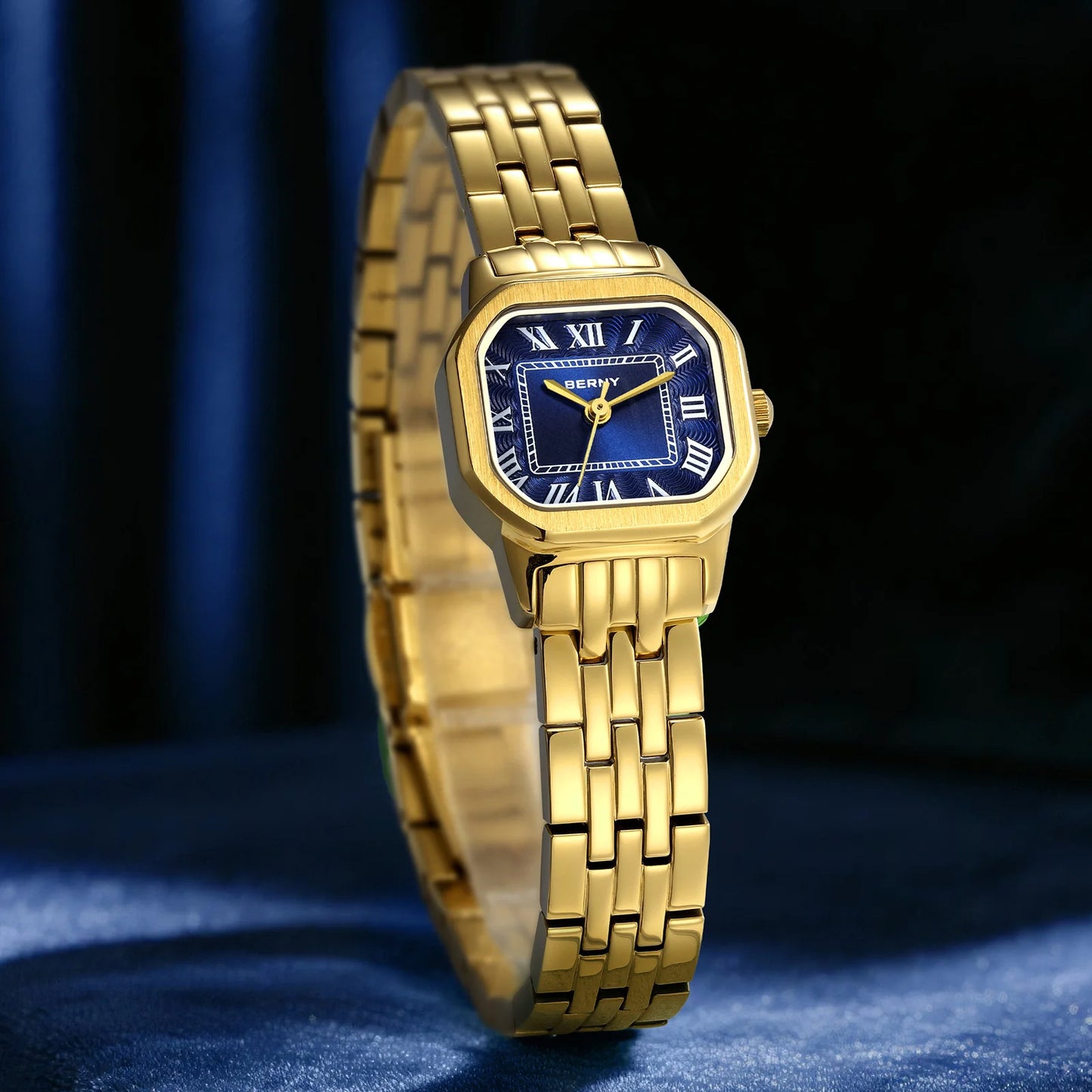 BERNY Golden Watches for Women Luxury Fashion Elegant Square Ladies Dress Quartz Watch S/S Small Dial Casual Girls Wristwatch