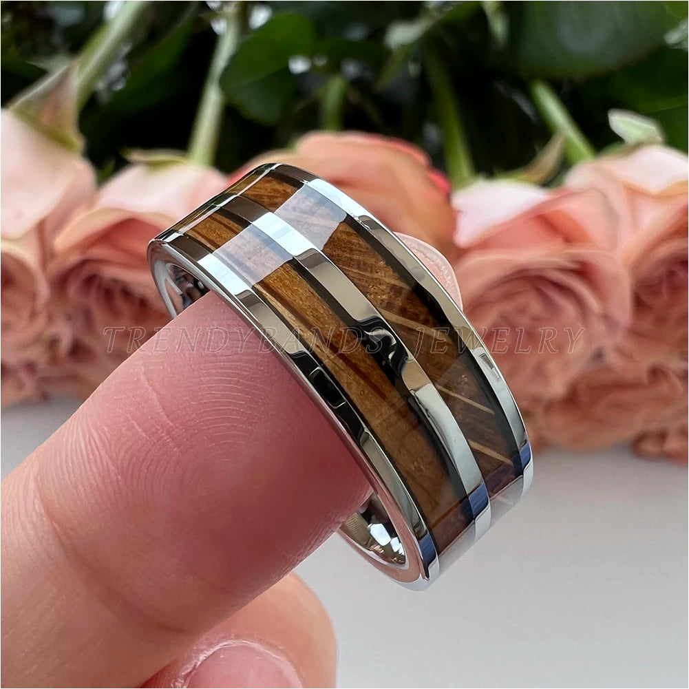 Anel de casamento de tungstênio, 8mm, masculino, feminino, joias da moda para casal, barril de uísque, incrustação de madeira, polido, brilhante, ajuste confortável