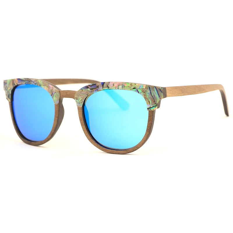 Óculos de sol Abalone Seashell Wood para homens e mulheres, óculos de luxo, lentes polarizadas Ice Blue, moda, amantes, melhor presente