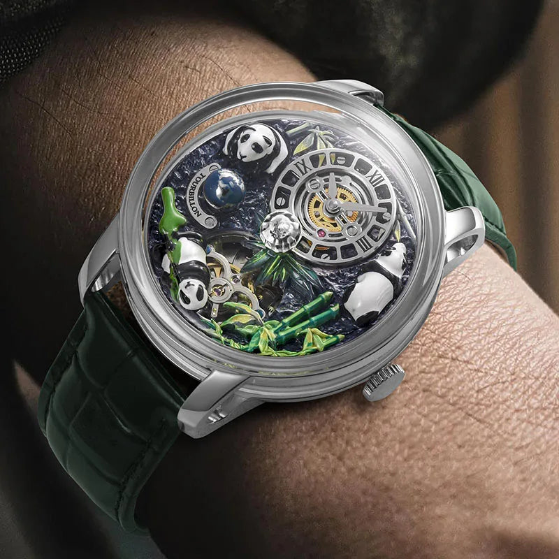 2025 pindu nova série panda símbolo do tesouro nacional relógio mecânico masculino bola de cristal rotativa 45.5mm relógios de pulso masculino m2791b