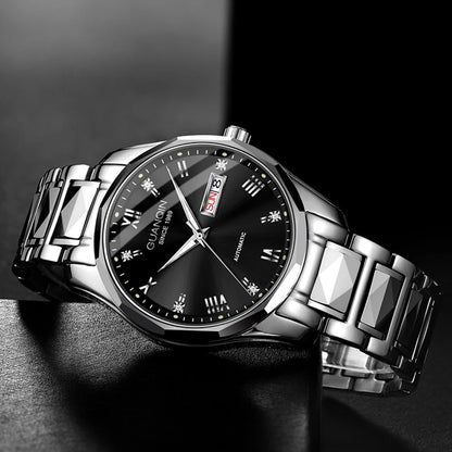 Relógio masculino mecânico luminoso de aço de tungstênio, à prova d'água, moda empresarial, calendário duplo, safira, movimento japonês