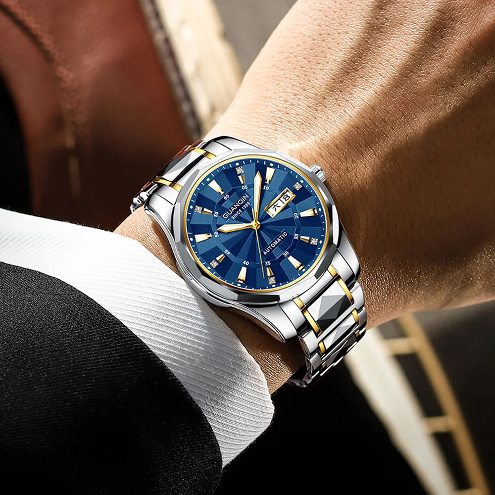 Relógio masculino mecânico luminoso de aço de tungstênio, à prova d'água, moda empresarial, calendário duplo, safira, movimento japonês