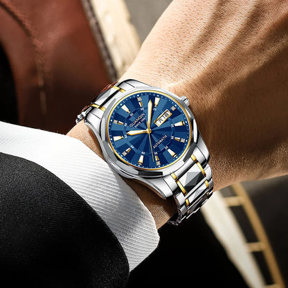 Relógio masculino mecânico luminoso de aço de tungstênio, à prova d'água, moda empresarial, calendário duplo, safira, movimento japonês
