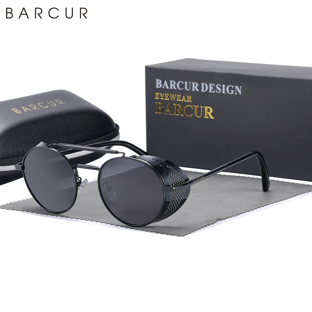 BARCUR Polarized Steampunk Round Sunglasses Men Retro Sun Glasses For Women Vintage Style