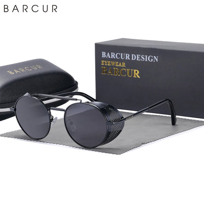 BARCUR Polarized Steampunk Round Sunglasses Men Retro Sun Glasses For Women Vintage Style