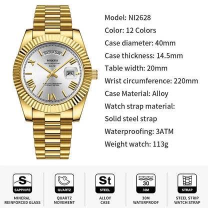 Nibosi marca de luxo ouro vermelho relógio quartzo para homens aço inoxidável à prova dwaterproof água luminosa data semana moda relógios masculinos reloj hombre