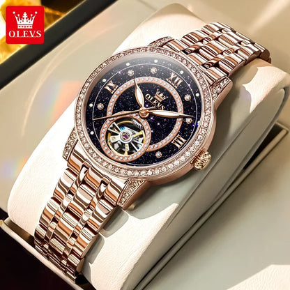 OLEVS Hollow Women's Watch Fully Automatic Mechanical Watch Luxury Diamond Inlaid Starry Sky Elegant Women's Brand Watch  7036