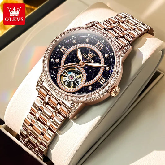 OLEVS Hollow Women's Watch Fully Automatic Mechanical Watch Luxury Diamond Inlaid Starry Sky Elegant Women's Brand Watch  7036