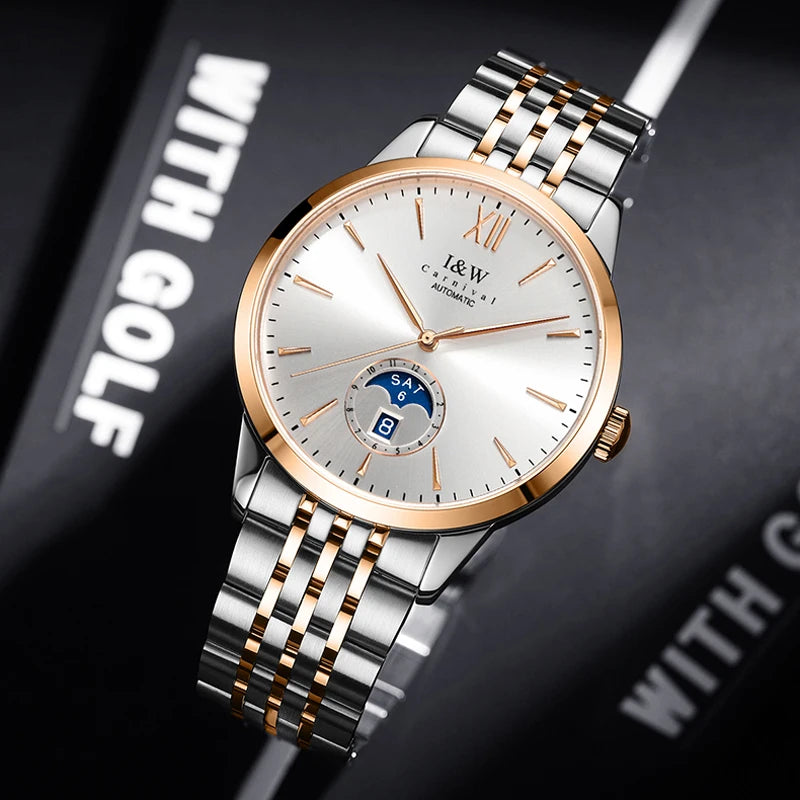 Carnaval high-end série iw marca clássico fase da lua relógios mecânicos masculino safira de aço inoxidável miyota movimento relógios masculinos