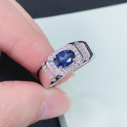 Luxury Solid Platinum PT950 Men's Egg Shaped Sapphire Four Claw Ring Men's 1 Carat Diamond Ring