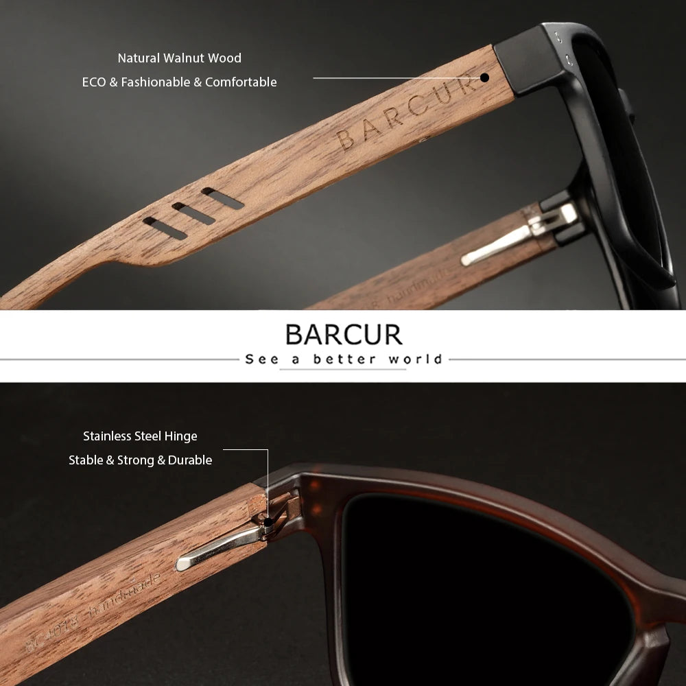 BARCUR Wooden Sunglasses for Men Polarized Natural Walnut Wood Sun Glasses Women Polarized Eyewear UV400 Eyewear Oculos