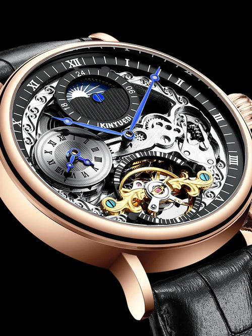 Kinyued original automático oco relógio mecânico masculino relógio de couro luminoso à prova dwaterproof água turbilhão relógio masculino reloj hombre novo
