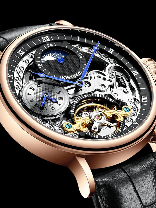 Kinyued original automático oco relógio mecânico masculino relógio de couro luminoso à prova dwaterproof água turbilhão relógio masculino reloj hombre novo