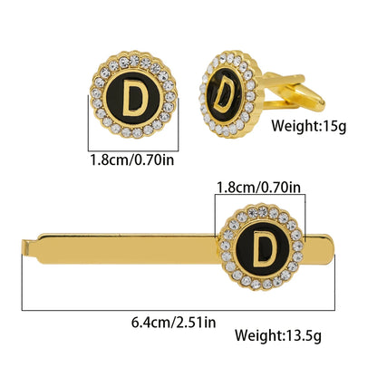 1 conjunto de abotoaduras com iniciais maiúsculas e prendedor de gravata, joias masculinas, abotoaduras redondas de cristal, presente de aniversário para o dia dos pais
