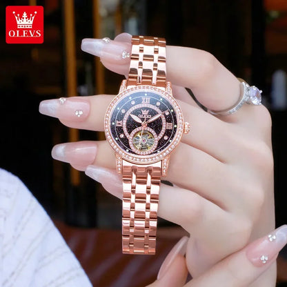 OLEVS Hollow Women's Watch Fully Automatic Mechanical Watch Luxury Diamond Inlaid Starry Sky Elegant Women's Brand Watch  7036
