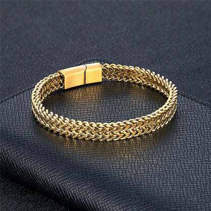 MKENDN 8MM 18K Banhado A Ouro Legal Dupla Corrente Pulseiras para Homens de Aço Inoxidável Punk Quadrado Ímã Fecho Masculino Pulseira