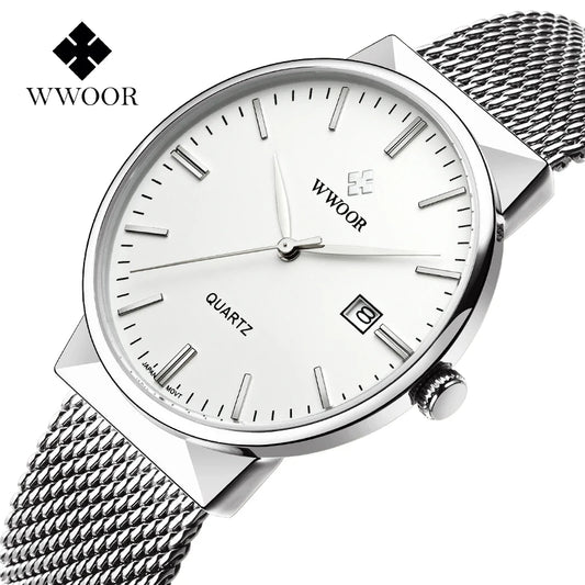 WWOOR Mens Watches 2025 Luxury Brand Quartz Casual Dress Watches For Men Stainless Steel Mesh belt Waterproof Calendar Watch Men