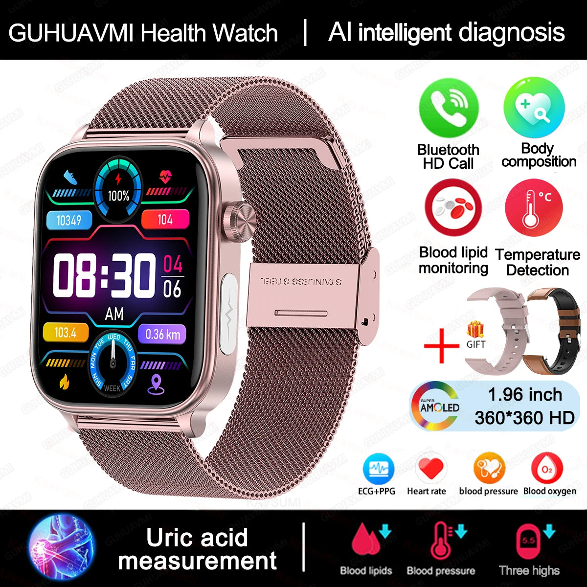 Elegant ECG+PPG Women's Smartwatch with Health Tracking