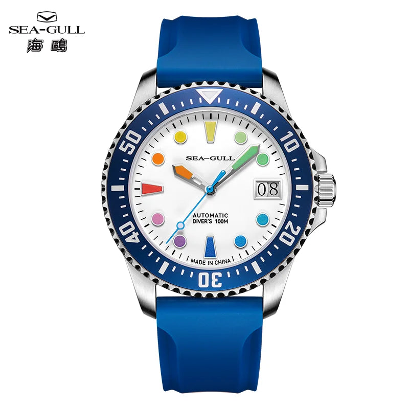 Seagull oceano série relógio masculino 100m à prova dwaterproof água marcadores de cor arco-íris design 44mm relógios mecânicos automáticos marca superior 6205
