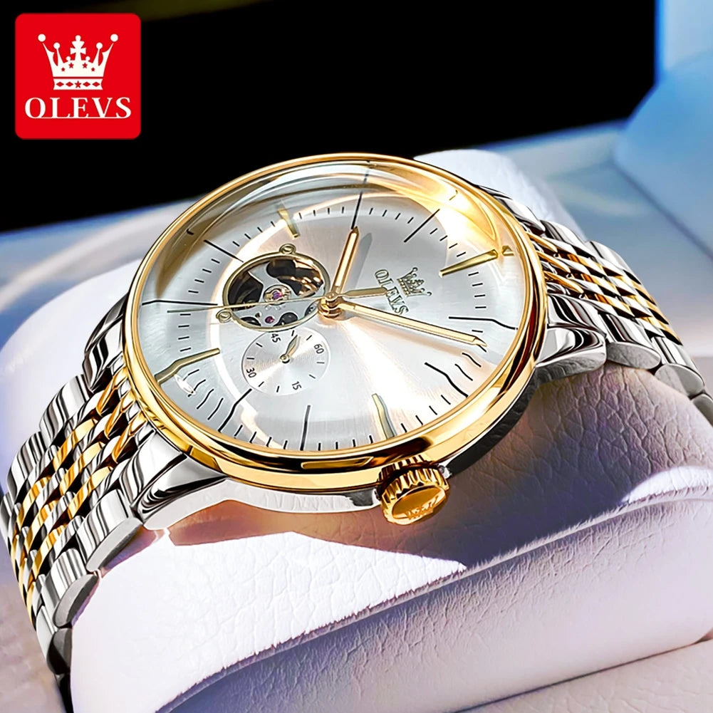 OLEVS 6708 Hollow Men's Watches Elite Style Luxury Dome Mirror Original Mechancial Movement Chronograph Waterproof Watches