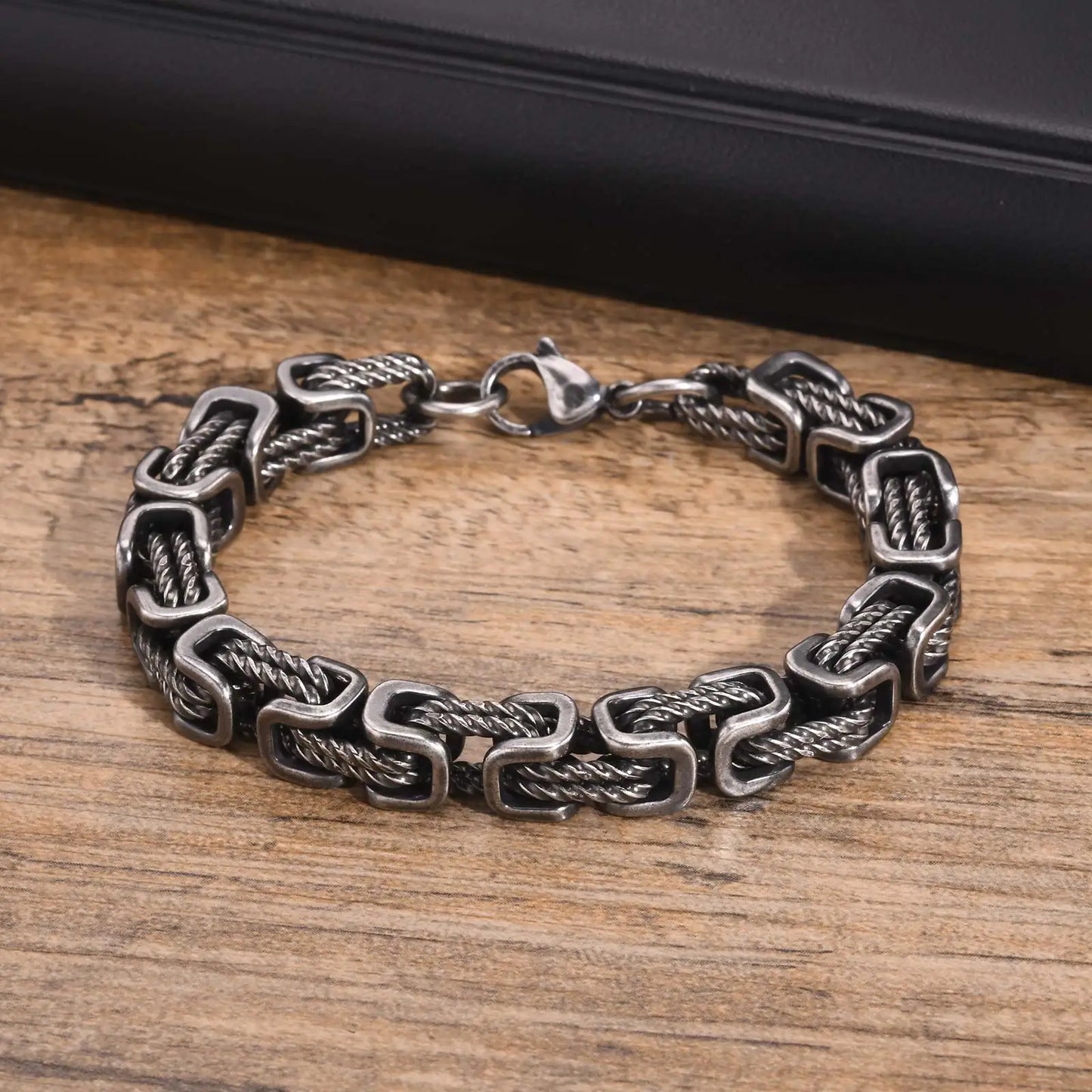 Mens Chunky Byzantine Bracelets,Retro Grey 8mm Stainless Steel Braided Link Wristband,Vintage Jewelry Gift for Him Boy