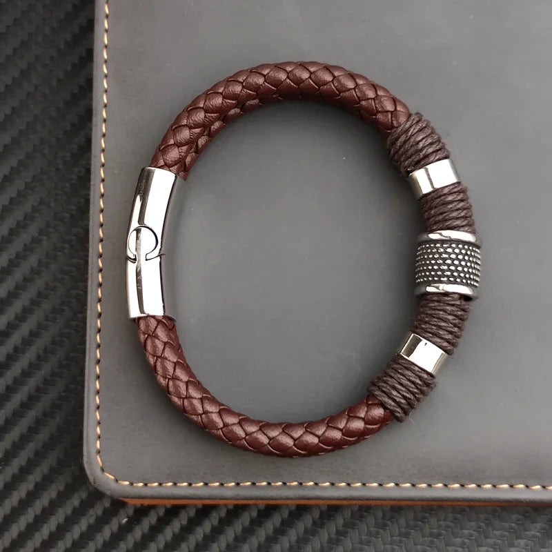 Luxury Vintage Multilayer Brown Leather Stainless Steel  Men Bracelet Bead Bracelet Jewelry Male Wrist Bangle Christmas Gifts