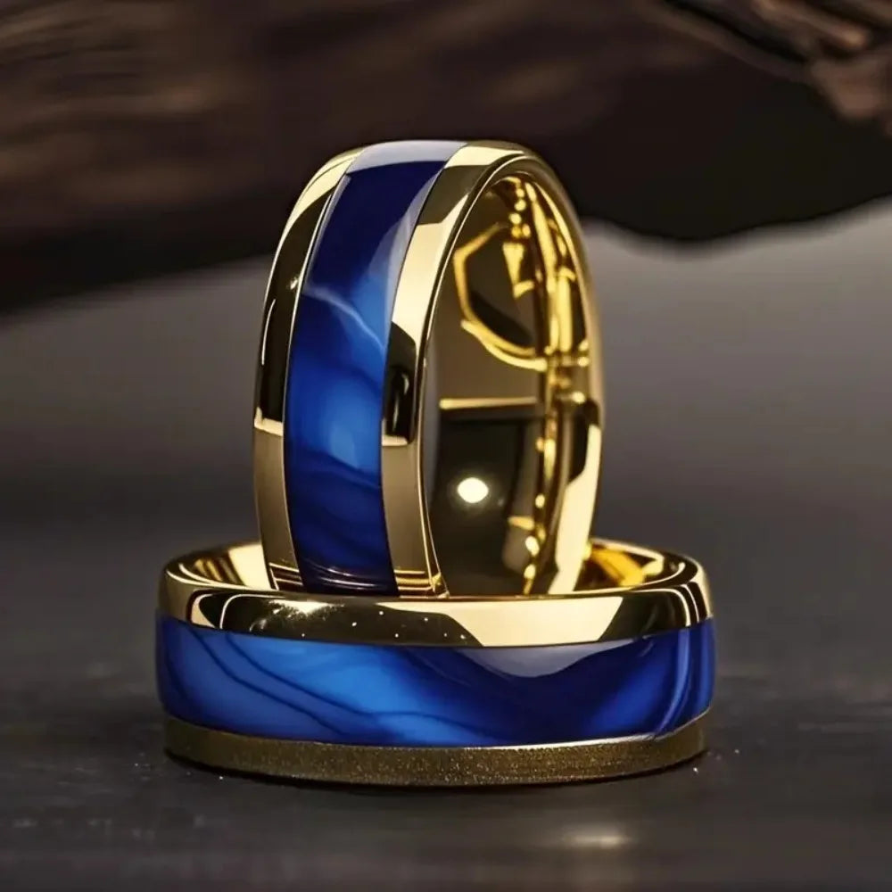 Anel de aço inoxidável de safira da moda, 8mm, feminino, masculino, noivado, casamento, joias, cor dourada, personalidade, anel de aço para presente