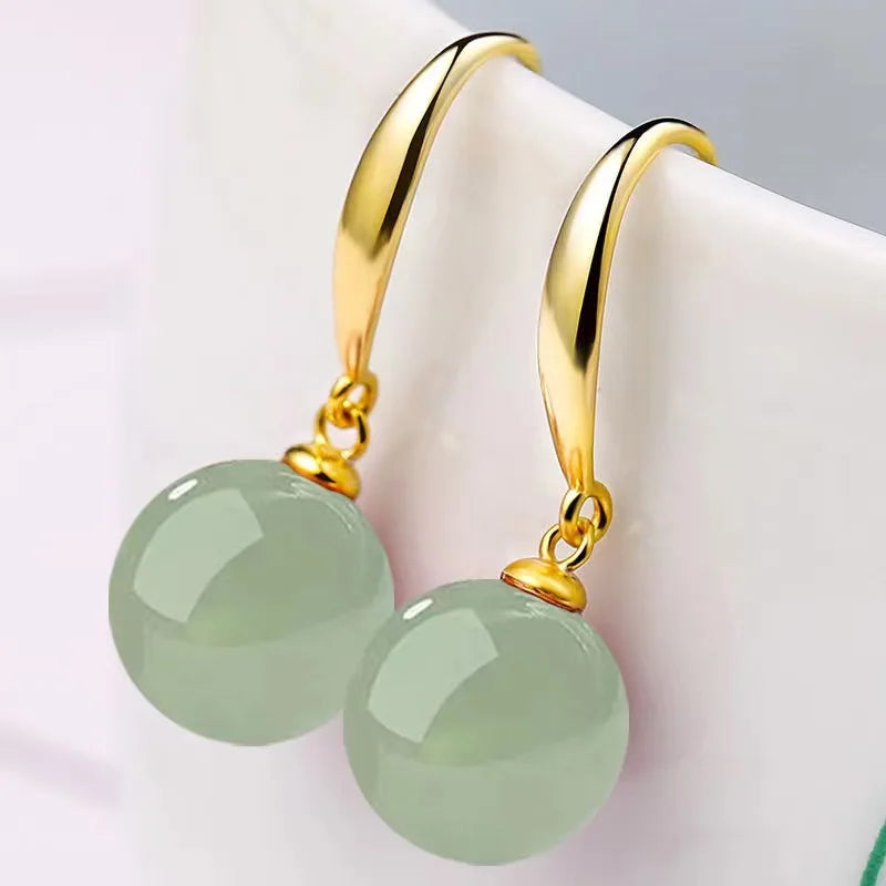 Brincos de jade verde palácio vintage para mulheres, pérola branca, ouro 18k, prata esterlina 925, presente de joias finas