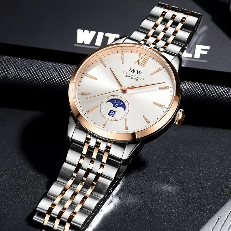 Carnaval high-end série iw marca clássico fase da lua relógios mecânicos masculino safira de aço inoxidável miyota movimento relógios masculinos