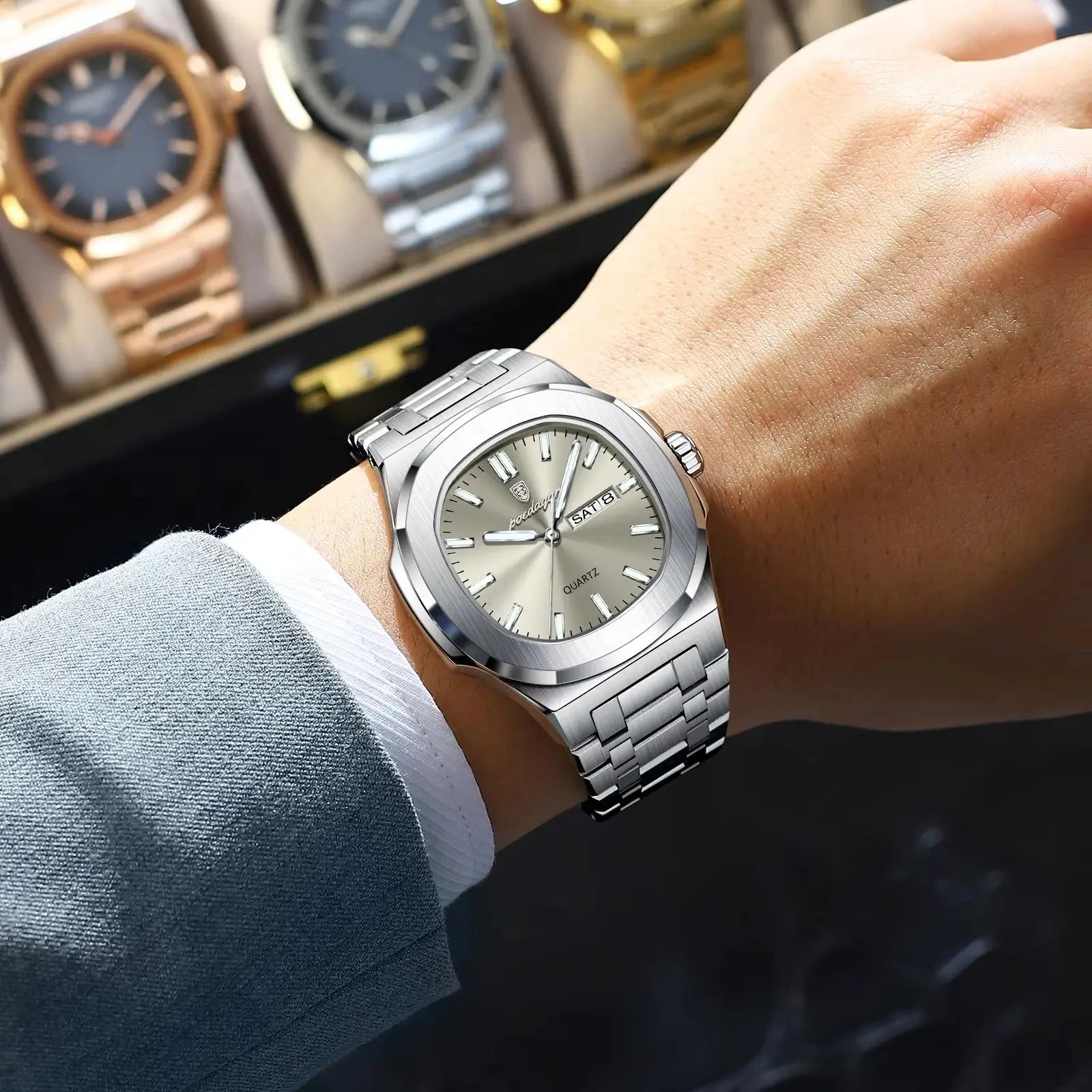 POEDAGAR Original Fashion Men's Watches Waterproof Luminous Date Week Men Watch Stainless Steel Business Luxury Quartz Man Watch