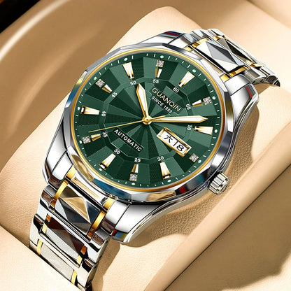 Relógio masculino mecânico luminoso de aço de tungstênio, à prova d'água, moda empresarial, calendário duplo, safira, movimento japonês