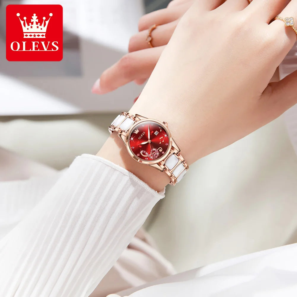 OLEVS Brand Diamond Inlaid Watch Sparkling Ceramic Quartz Watch Sparkling Star Luxury Taste Waterproof Luminous Women's Watch