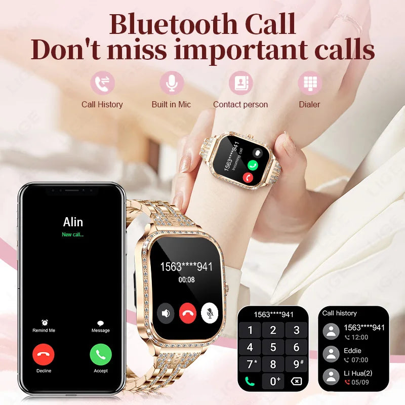 LIGE Relógios inteligentes para mulheres à prova d'água Bluetooth Call Fitness Tracker Smartwatch Mujer Relógio digital feminino Monitor de frequência cardíaca Frequência cardíaca/Monitor de sono/Pedômetro/Calorias